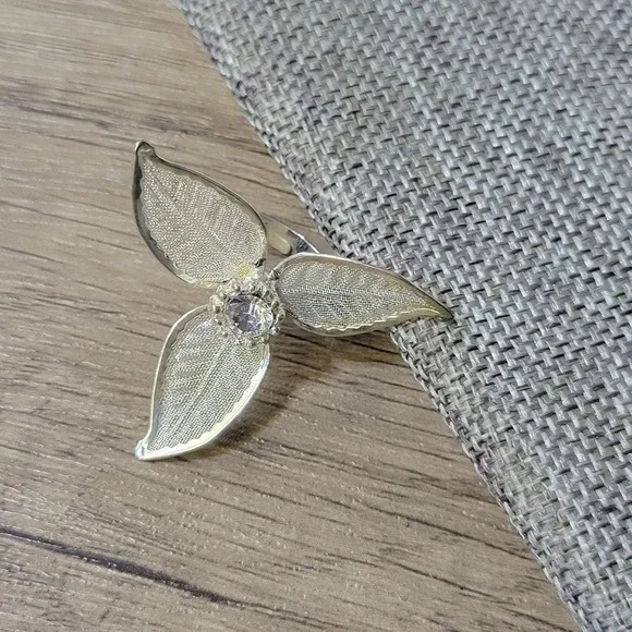 Vtg 1980s Trillium flower statement ring silver tone mesh crystal adjustable - Picture 6 of 10